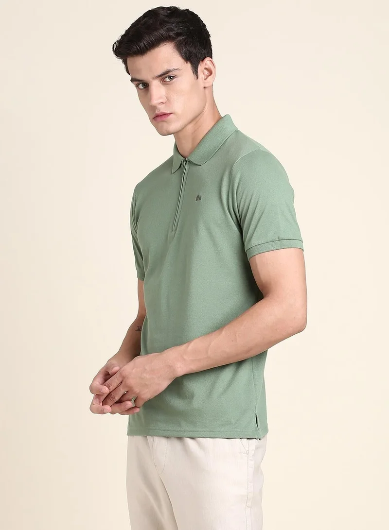 Dennis Lingo Olive Solid Regular Fit Polo Neck T-shirt for Men - 100% Cotton, Half Sleeves, Casual