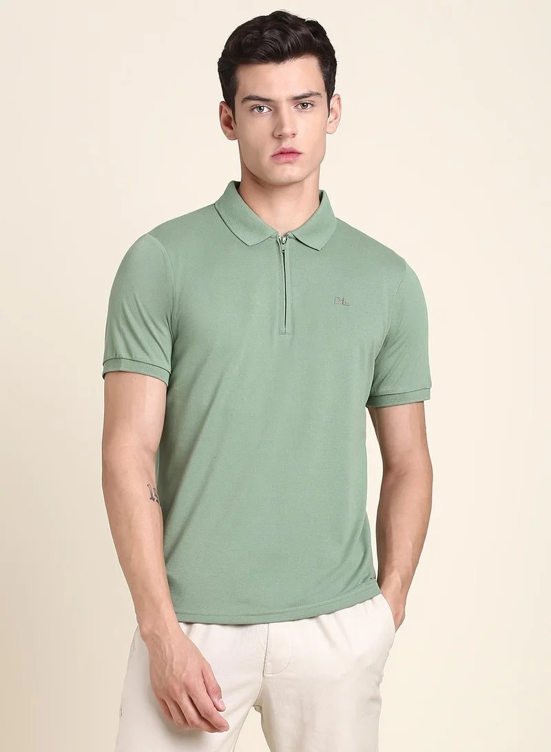 Olive Solid Regular Fit Polo Neck T-shirt for Men - 100% Cotton, Half Sleeves, Casual
