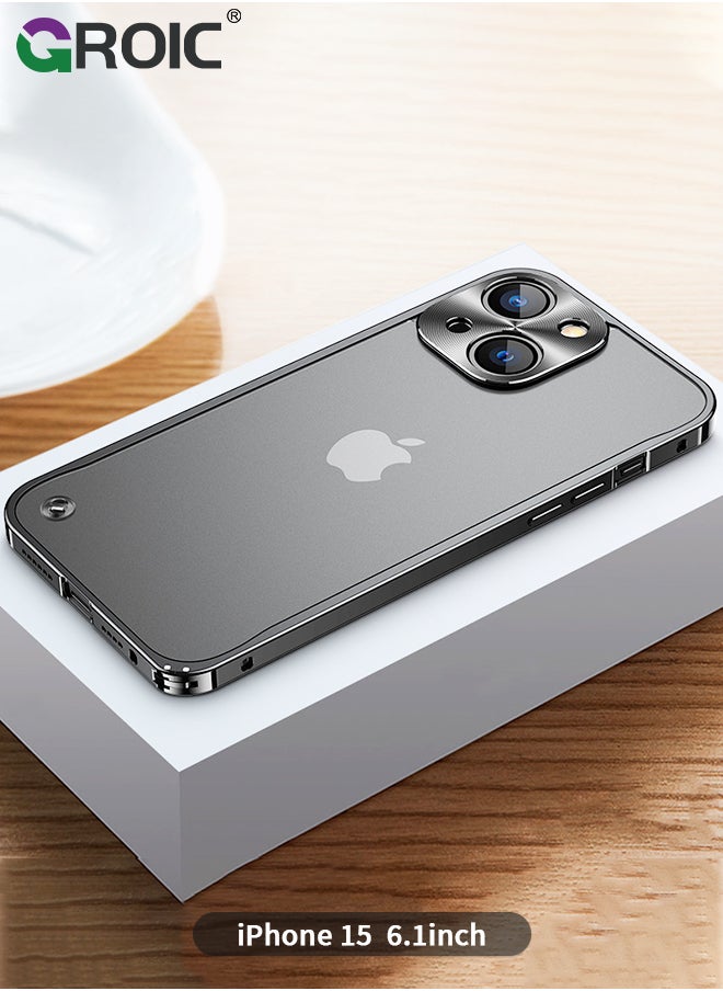 GROIC - Metal Frame Black Case for iPhone 15, Ultra Slim Frosted PC Matte Back with Lanyard Holes Lock Type Aluminum Alloy Bumper - Image 1