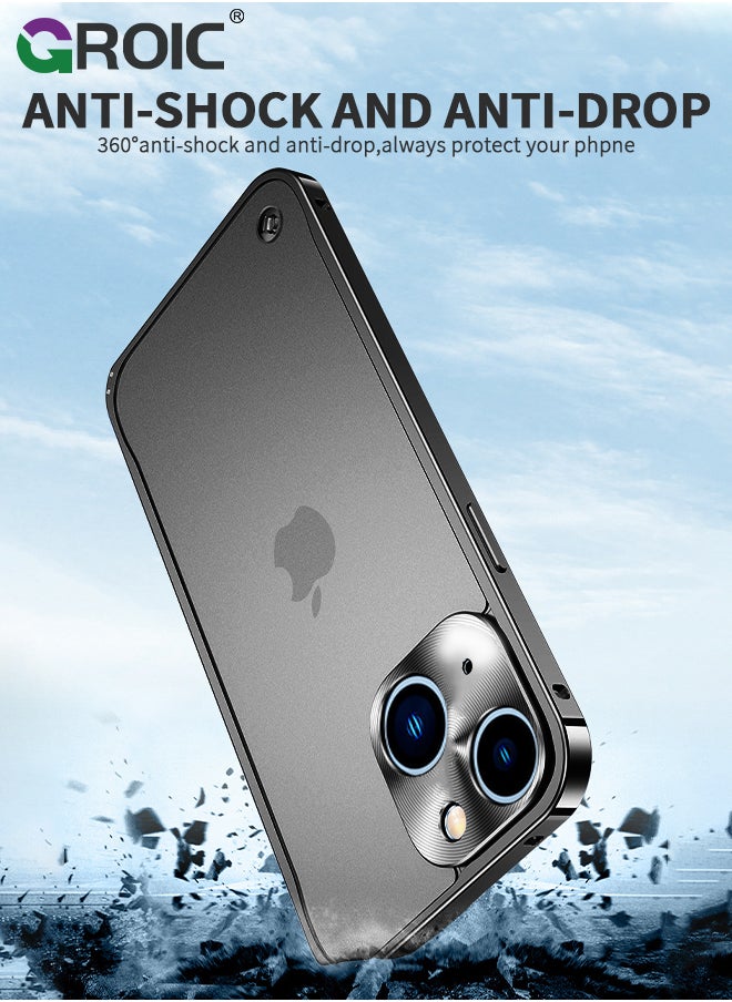 GROIC - Metal Frame Black Case for iPhone 15, Ultra Slim Frosted PC Matte Back with Lanyard Holes Lock Type Aluminum Alloy Bumper - Image 1