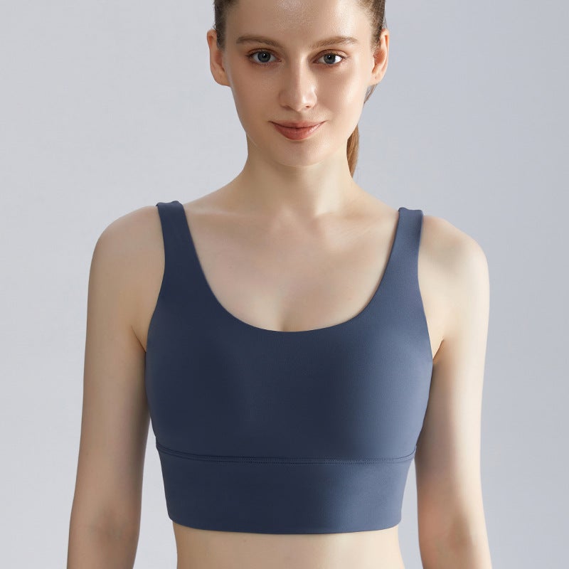 Generic LAHN Beauty Back Sports Underwear Womens One-piece Cup No Steel Ring Anti-vibration and Anti-sagging Wide Shoulder Strap Fitness Sports Vest WX-437 Prussian Blue