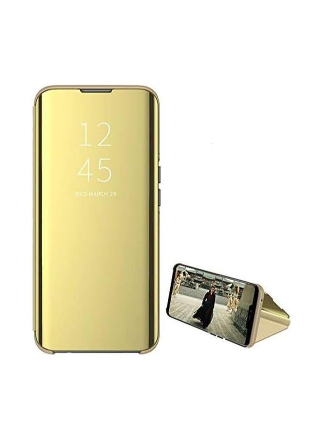 حافظة جلدية لهاتف Galaxy A14 5G متوافقة مع هاتف Samsung Galaxy A14 5G، حافظة هاتف نحيفة، غطاء قلاب مرآة مكياج شفاف، مع غطاء واقٍ مقاوم للصدمات لهاتف Samsung A14 5G (ذهبي)