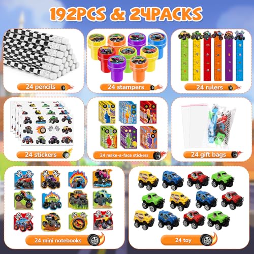 BenLouis 192Pcs Monster Truck Party Favors Truck Car Birthday Stampers Stickers School Stationery Set Bulk for Kids wheels party Race Car Themed Party Goodie Bag Stuffers Pinata Filler Supplies - Image 5
