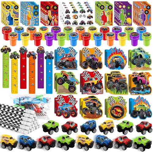 BenLouis 192Pcs Monster Truck Party Favors Truck Car Birthday Stampers Stickers School Stationery Set Bulk for Kids wheels party Race Car Themed Party Goodie Bag Stuffers Pinata Filler Supplies - Image 1