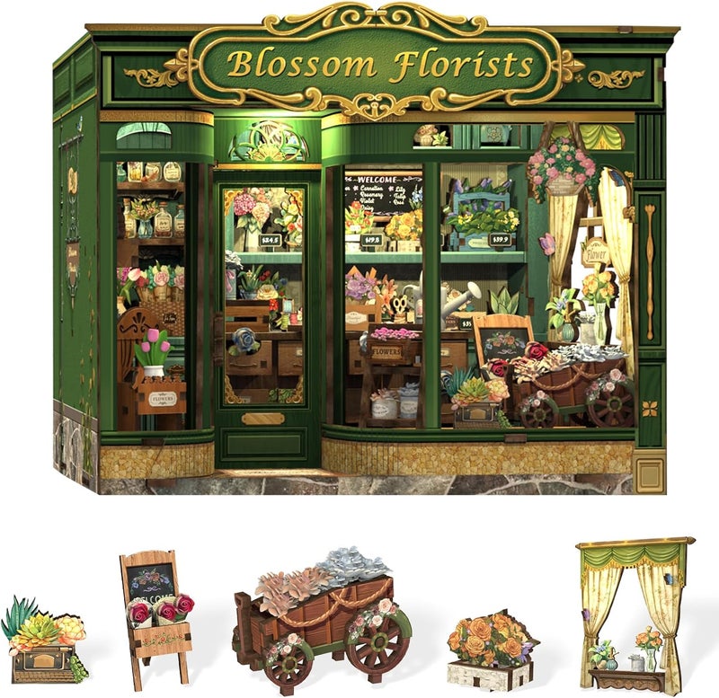 CUTEBEE Book Nook Kit - DIY Miniature House Dollhouse Kit for Adults and Teens, Booknook Tiny House Bookshelf Decor 3D Wooden Puzzle, Gifts for Family, Friends (Blossom Florists) - Image 1