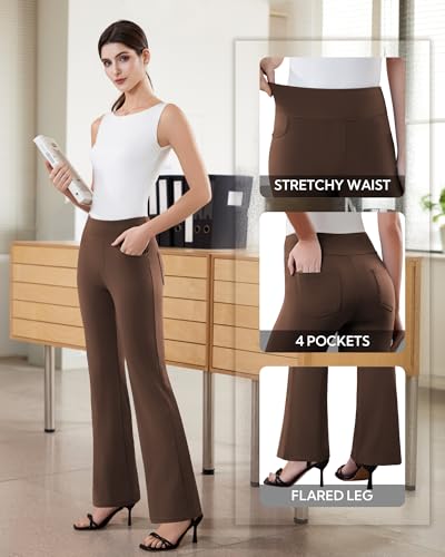 DLOODA Womens Dress Pants Stretchy Work Pants Business Casual Office Trousers Pull On Flare Slacks with 4 Pockets Brown - Image 5
