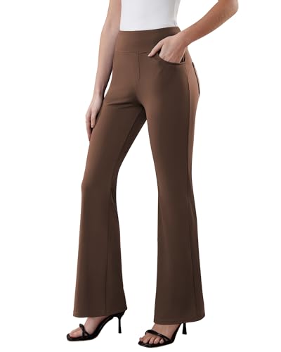 DLOODA Womens Dress Pants Stretchy Work Pants Business Casual Office Trousers Pull On Flare Slacks with 4 Pockets Brown - Image 2