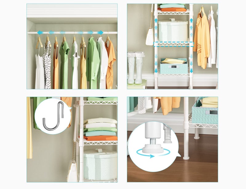 Ulif M1 Closet Storage Organizer System, 6 Tiers Heavy Duty Metal Garment Rack with 3 Expandable Hanger Rods, Wall Mounted Space Saver Suits from 5.4-8.7 ft. Width, 71.2â€H x 14â€D, 700LBS, White - Image 5