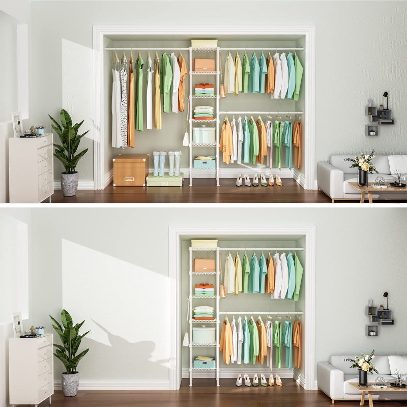 Ulif M1 Closet Storage Organizer System, 6 Tiers Heavy Duty Metal Garment Rack with 3 Expandable Hanger Rods, Wall Mounted Space Saver Suits from 5.4-8.7 ft. Width, 71.2â€H x 14â€D, 700LBS, White - Image 4