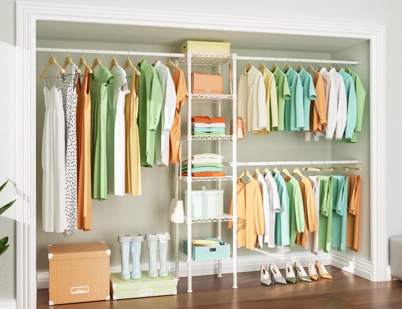 Ulif M1 Closet Storage Organizer System, 6 Tiers Heavy Duty Metal Garment Rack with 3 Expandable Hanger Rods, Wall Mounted Space Saver Suits from 5.4-8.7 ft. Width, 71.2â€H x 14â€D, 700LBS, White - Image 1