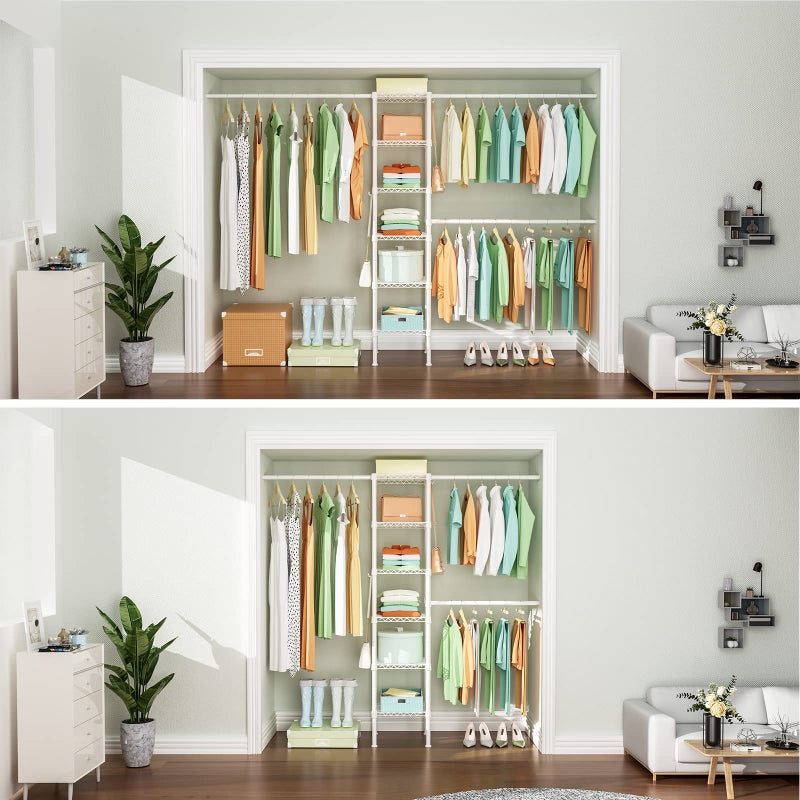 Ulif M1 Closet Storage Organizer System, 6 Tiers Heavy Duty Metal Garment Rack with 3 Expandable Hanger Rods, Wall Mounted Space Saver Suits from 5.4-8.7 ft. Width, 71.2â€H x 14â€D, 700LBS, White - Image 3