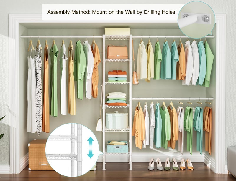 Ulif M1 Closet Storage Organizer System, 6 Tiers Heavy Duty Metal Garment Rack with 3 Expandable Hanger Rods, Wall Mounted Space Saver Suits from 5.4-8.7 ft. Width, 71.2â€H x 14â€D, 700LBS, White - Image 2
