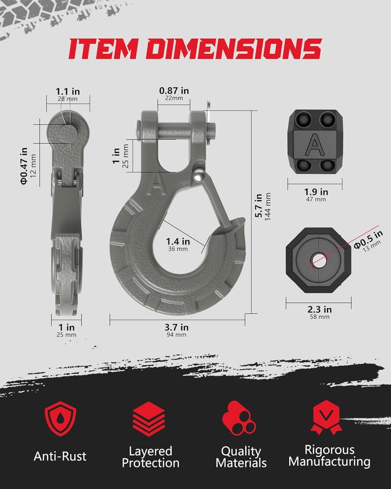 AMBULL 3/8" Winch Hook & Winch Cable Hook Stopper Sets, Heavy Duty Grade 70 Forged Steel Recovery Hook with Safety Latch, Included Allen Wrench,Max 37,478 Lbs, Grey - Image 4