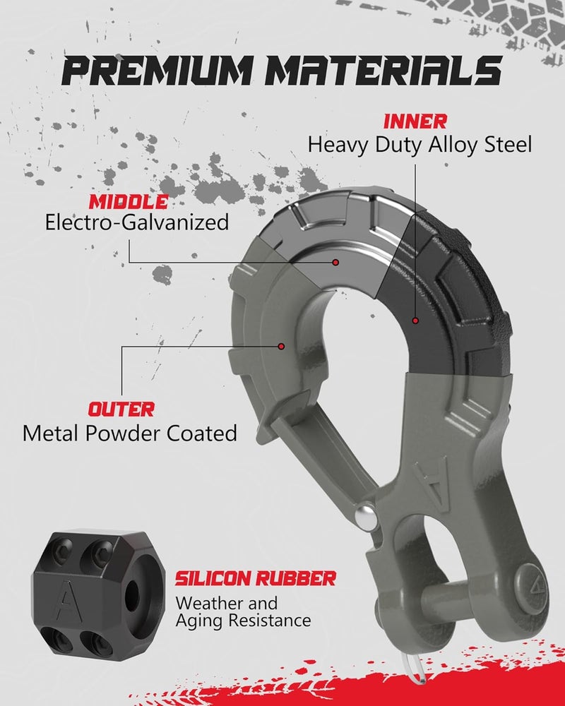 AMBULL 3/8" Winch Hook & Winch Cable Hook Stopper Sets, Heavy Duty Grade 70 Forged Steel Recovery Hook with Safety Latch, Included Allen Wrench,Max 37,478 Lbs, Grey - Image 2