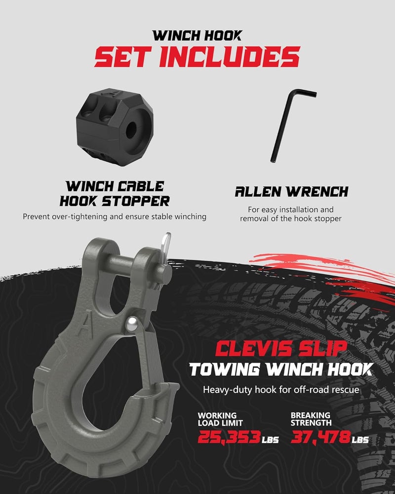 AMBULL 3/8" Winch Hook & Winch Cable Hook Stopper Sets, Heavy Duty Grade 70 Forged Steel Recovery Hook with Safety Latch, Included Allen Wrench,Max 37,478 Lbs, Grey - Image 3