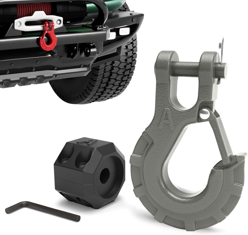 AMBULL 3/8" Winch Hook & Winch Cable Hook Stopper Sets, Heavy Duty Grade 70 Forged Steel Recovery Hook with Safety Latch, Included Allen Wrench,Max 37,478 Lbs, Grey - Image 1