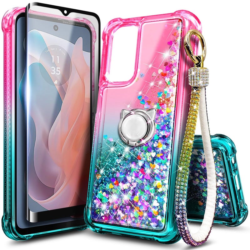 WDHD Compatible with Motorola Moto G-Play-2024 Case, Pink/Aqua | Glitter Bling Sparkly Floating Liquid Cute Phone Cover with Tempered Glass Screen Protector/Ring Holder/Diamond Wrist Strap Lanyard - Image 1