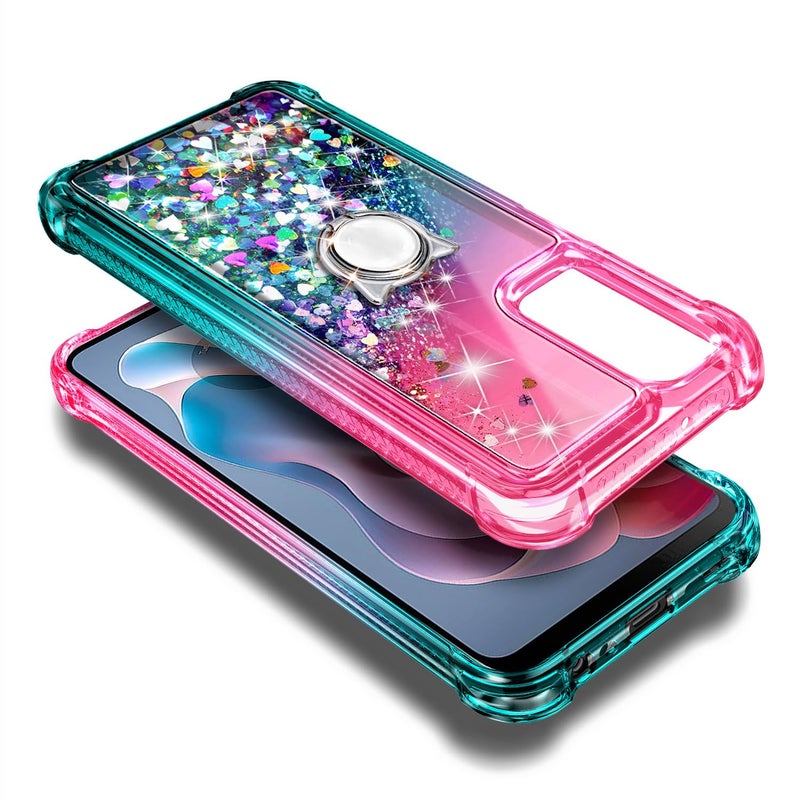 WDHD Compatible with Motorola Moto G-Play-2024 Case, Pink/Aqua | Glitter Bling Sparkly Floating Liquid Cute Phone Cover with Tempered Glass Screen Protector/Ring Holder/Diamond Wrist Strap Lanyard - Image 5