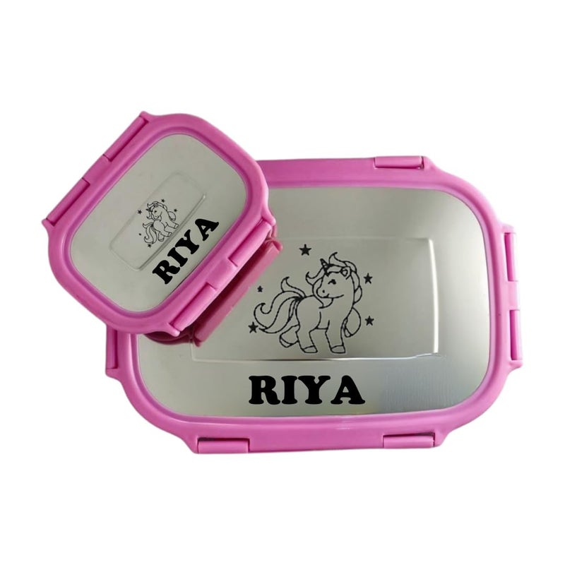 ncgifts Personalized Tiffin Box Customized Lunch Box Personalized Stainless Steel Tiffin Box Your Childs Name and Favourite Character Engraved for Scholl Students Pink - Image 3