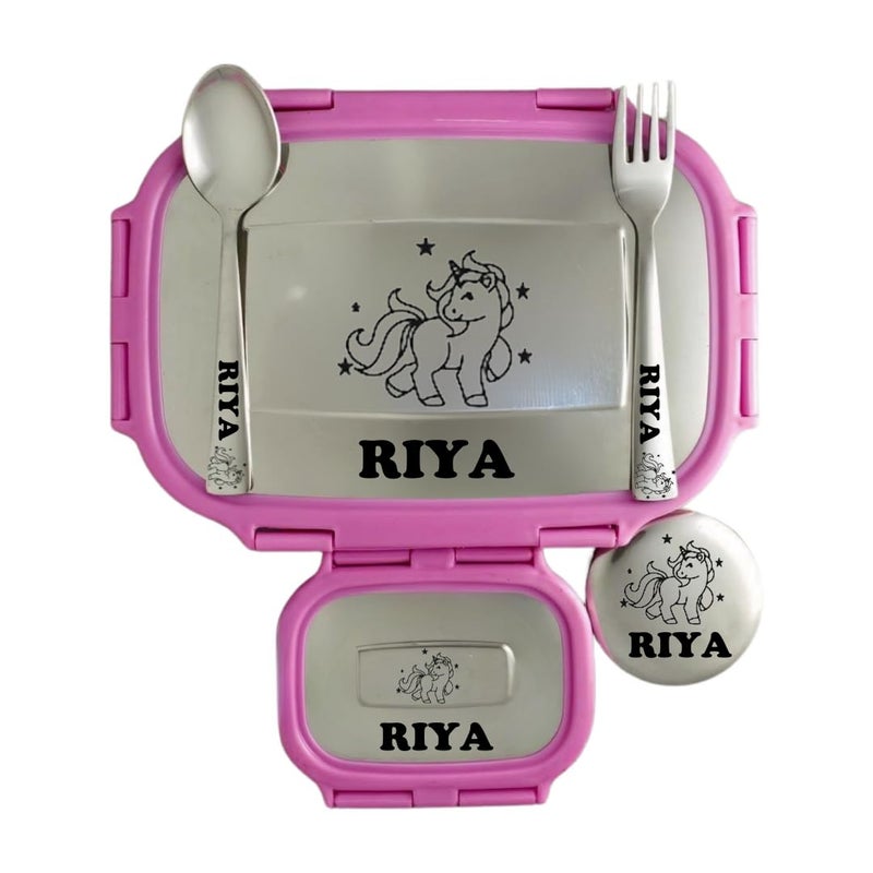 ncgifts Personalized Tiffin Box Customized Lunch Box Personalized Stainless Steel Tiffin Box Your Childs Name and Favourite Character Engraved for Scholl Students Pink - Image 1
