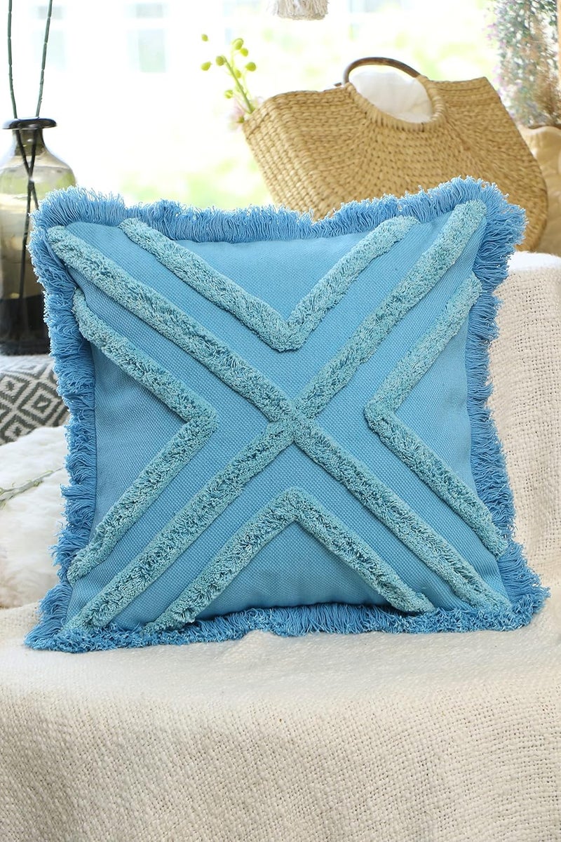 IMPEXART PVT LTD 16X16 Inches Cotton Blue Boho Shaggy Square Geometric Desgin Cushion Cover for Decor Couch Sofa Bedroom Living Room Farmhouse Indoor Outdoor - Image 1