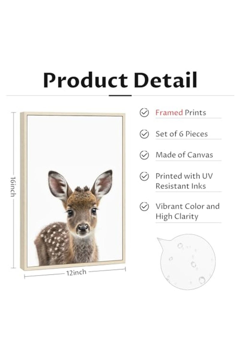 Youillne Nursery Animal Wall Art Pictures Baby Safari Canvas Wall Decor Jungle Woodland Wall Art Cute Animal Prints Paintings Nursery Kids Posters for Boys Girls Room Bedroom 12x16 Inch Framed Set of 6 - Image 3