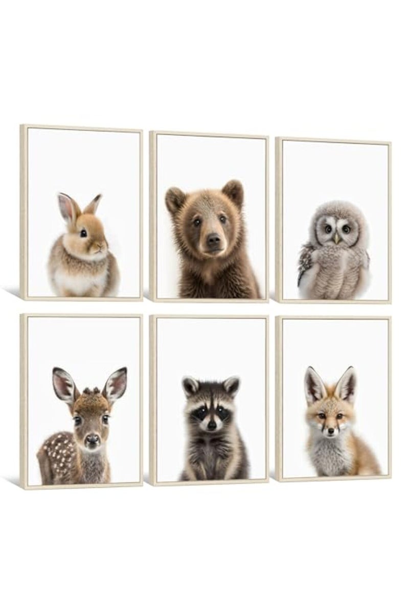 Youillne Nursery Animal Wall Art Pictures Baby Safari Canvas Wall Decor Jungle Woodland Wall Art Cute Animal Prints Paintings Nursery Kids Posters for Boys Girls Room Bedroom 12x16 Inch Framed Set of 6 - Image 2