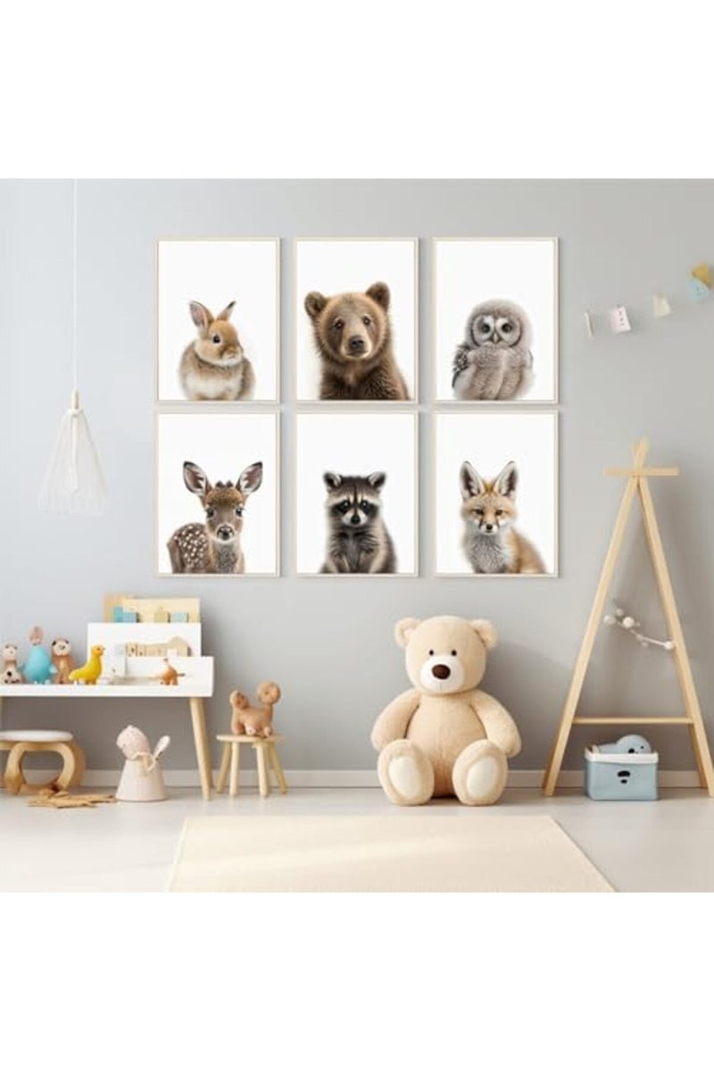 Youillne Nursery Animal Wall Art Pictures Baby Safari Canvas Wall Decor Jungle Woodland Wall Art Cute Animal Prints Paintings Nursery Kids Posters for Boys Girls Room Bedroom 12x16 Inch Framed Set of 6 - Image 4