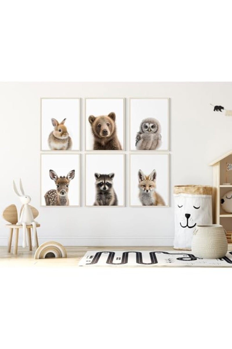 Youillne Nursery Animal Wall Art Pictures Baby Safari Canvas Wall Decor Jungle Woodland Wall Art Cute Animal Prints Paintings Nursery Kids Posters for Boys Girls Room Bedroom 12x16 Inch Framed Set of 6 - Image 5