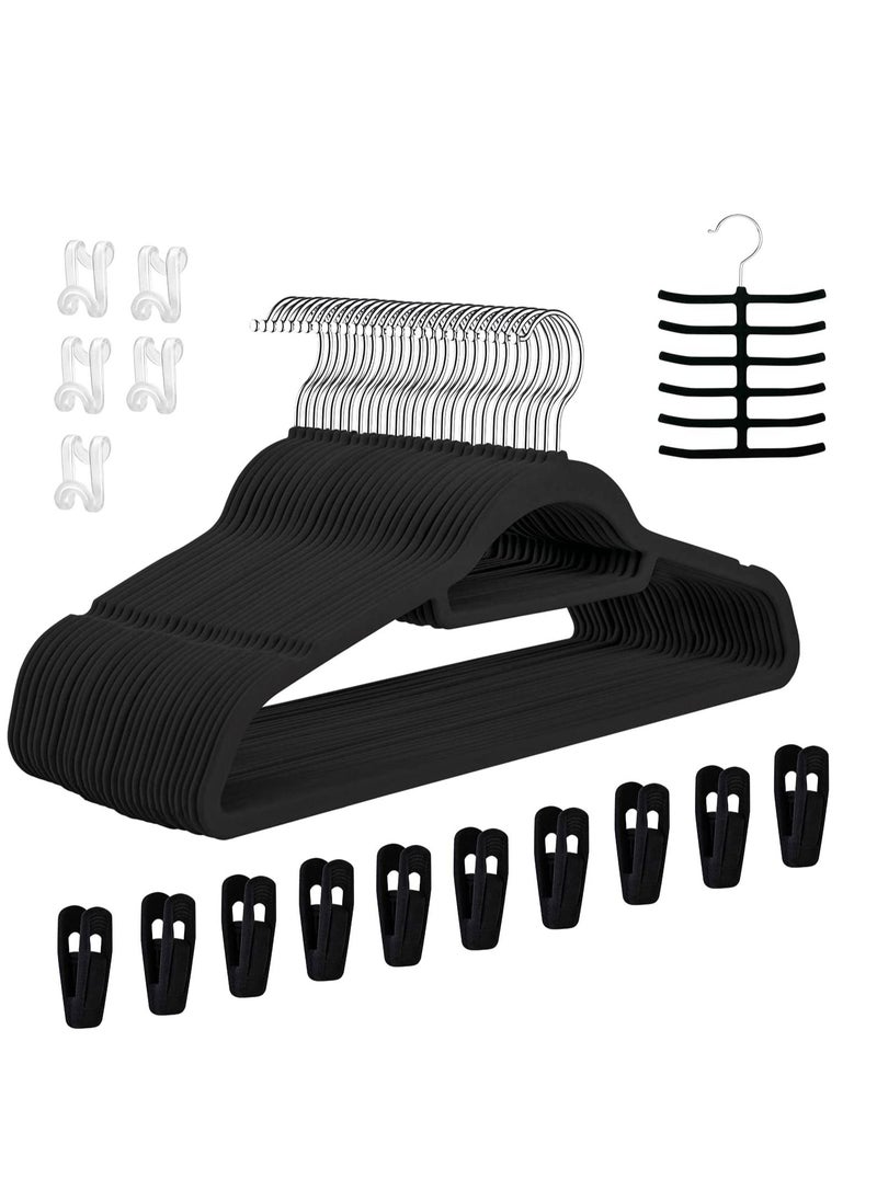 TYCOM Non-Slip Velvet Hangers - Suit Hangers (50 Pack) Ultra Thin Space Saving 360 Degree Swivel Hook Clothes Hangers Hold Up-to 10 Lbs, for Coats, Jackets, Pants, Dress Clothe- With Bar 50pcs Black  - Image 1
