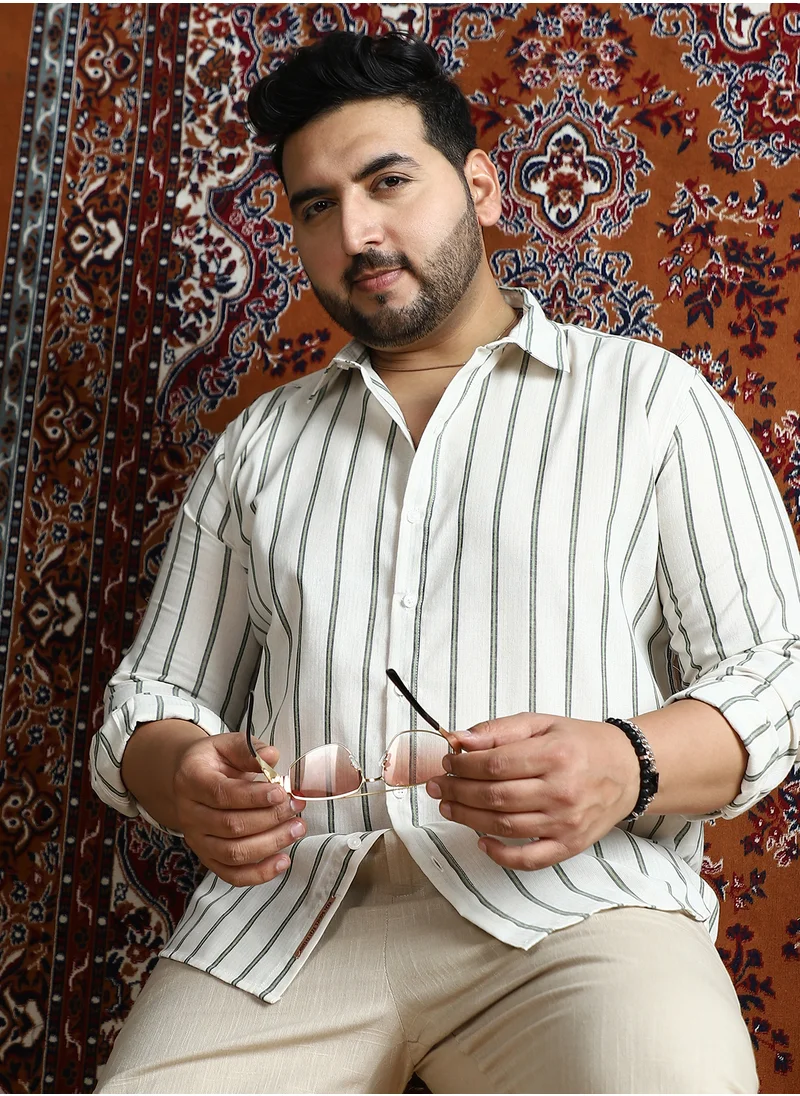 انستافاب بلس Instafab Plus Men's Beige & Green Lined Halo-Striped Shirt For Casual Wear | Spread Collar | Long Cuffed Sleeves | Button Closure | Plus Size Shirt Crafted With Comfort Fit For Everyday Wear