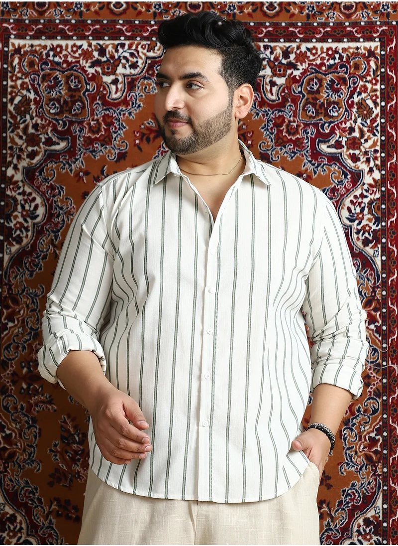 انستافاب بلس Instafab Plus Men's Beige & Green Lined Halo-Striped Shirt For Casual Wear | Spread Collar | Long Cuffed Sleeves | Button Closure | Plus Size Shirt Crafted With Comfort Fit For Everyday Wear