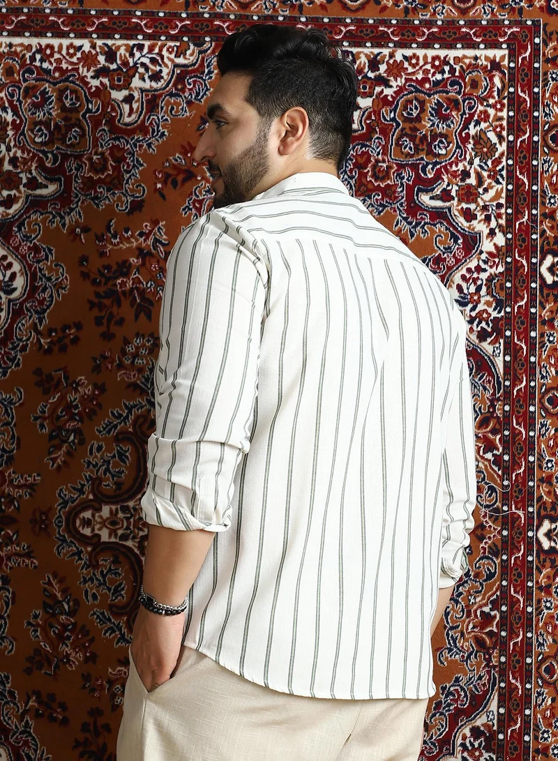 Instafab Plus Instafab Plus Men's Beige & Green Lined Halo-Striped Shirt For Casual Wear | Spread Collar | Long Cuffed Sleeves | Button Closure | Plus Size Shirt Crafted With Comfort Fit For Everyday Wear