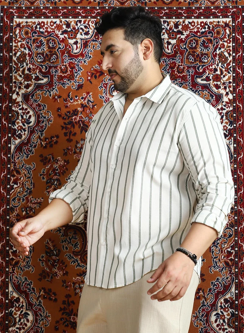 Instafab Plus Instafab Plus Men's Beige & Green Lined Halo-Striped Shirt For Casual Wear | Spread Collar | Long Cuffed Sleeves | Button Closure | Plus Size Shirt Crafted With Comfort Fit For Everyday Wear