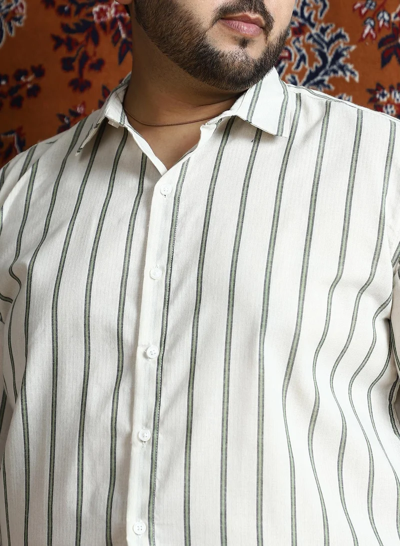 Instafab Plus Instafab Plus Men's Beige & Green Lined Halo-Striped Shirt For Casual Wear | Spread Collar | Long Cuffed Sleeves | Button Closure | Plus Size Shirt Crafted With Comfort Fit For Everyday Wear