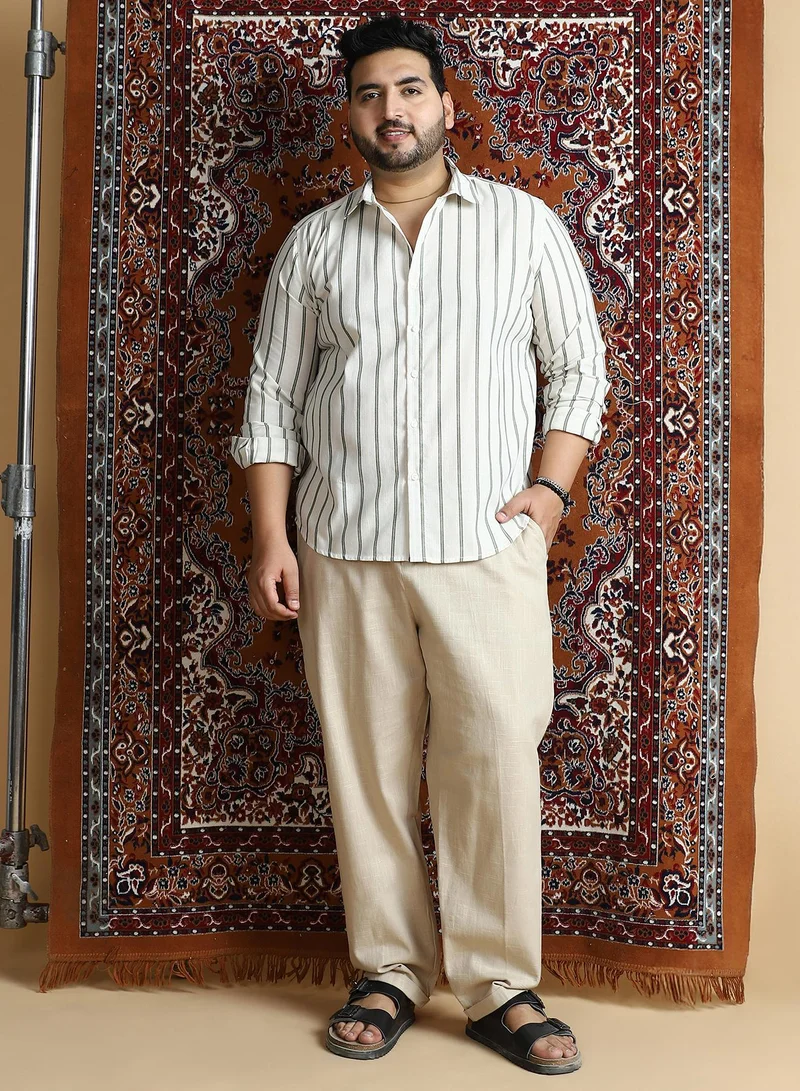 Instafab Plus Instafab Plus Men's Beige & Green Lined Halo-Striped Shirt For Casual Wear | Spread Collar | Long Cuffed Sleeves | Button Closure | Plus Size Shirt Crafted With Comfort Fit For Everyday Wear