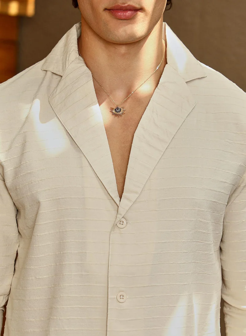 كامبوس سوترا Men's Ivory White Striped Cuban Shirt