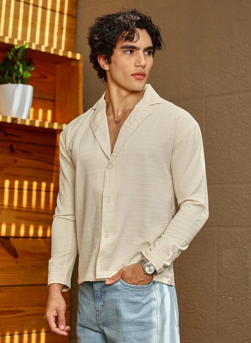 كامبوس سوترا Men's Ivory White Striped Cuban Shirt
