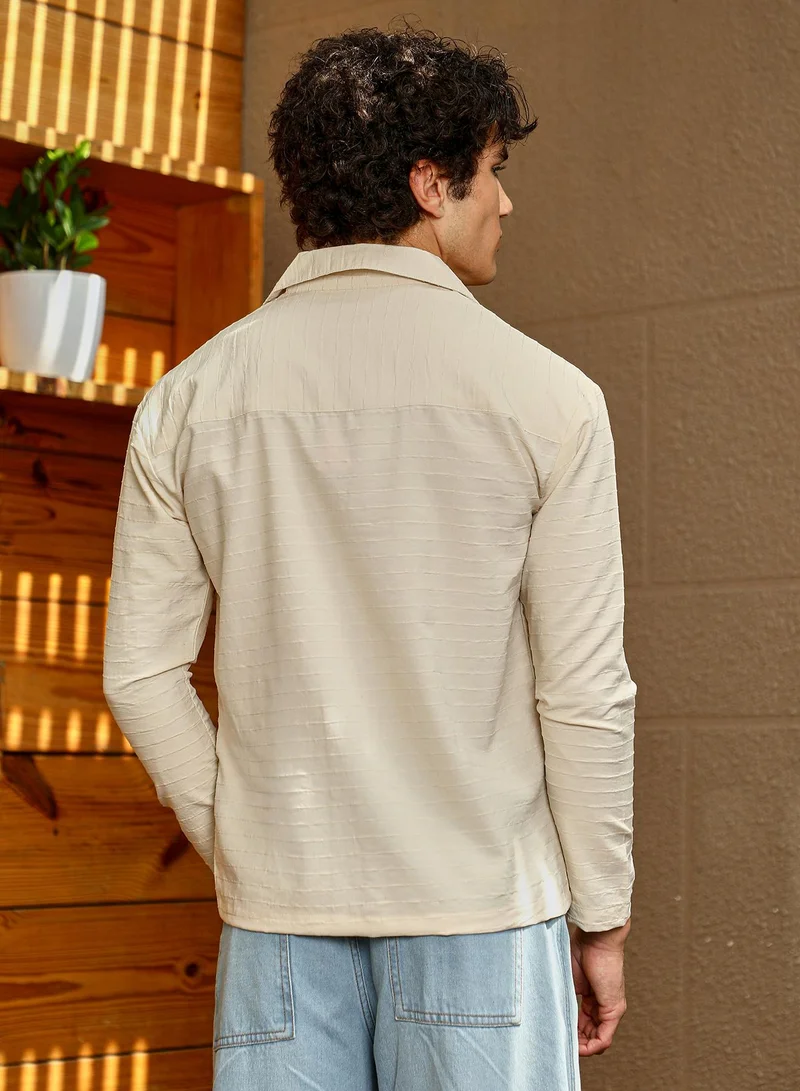 كامبوس سوترا Men's Ivory White Striped Cuban Shirt