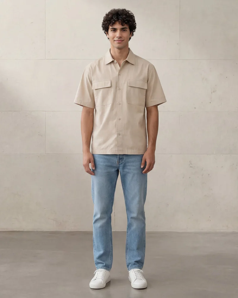 Redtag Men Beige Embroidered Short Sleeve Shirt