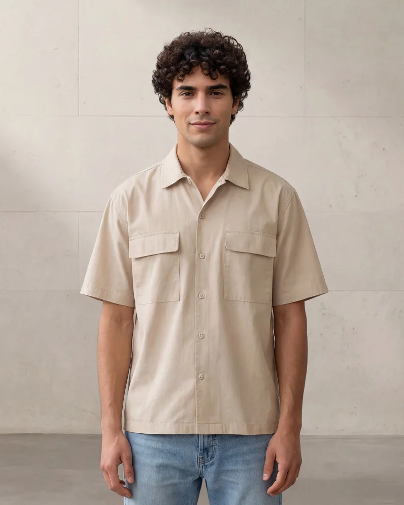 Redtag Men Beige Embroidered Short Sleeve Shirt