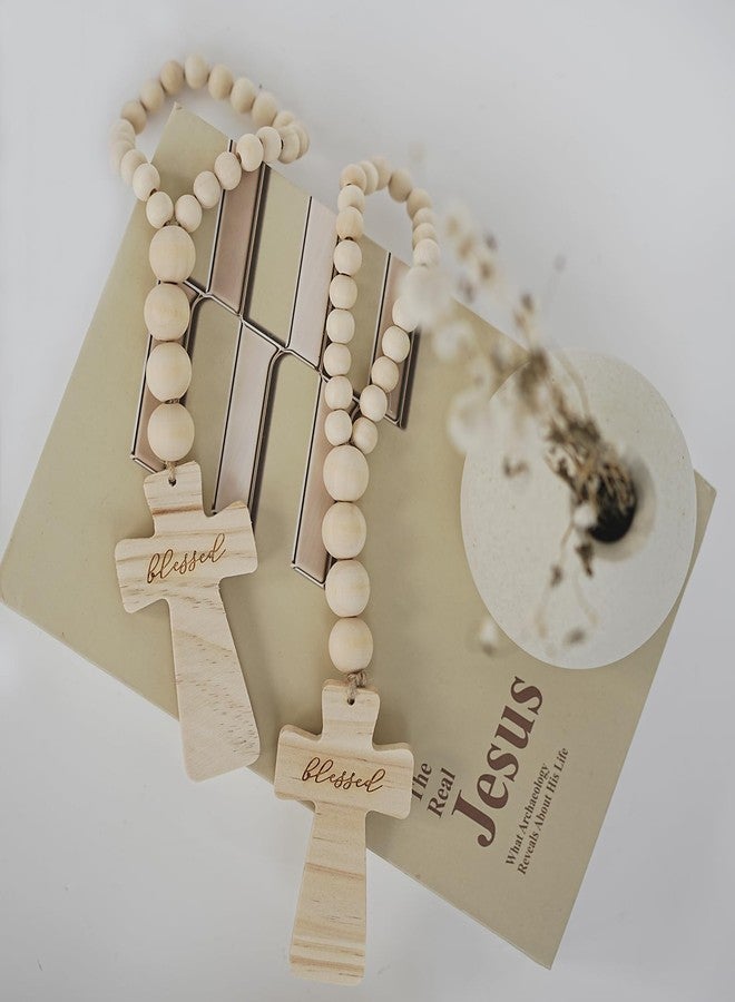 RUIRUICO Wood Bead Garland with Blessed Cross, Farmhouse Cross Bead Garland for Tiered Tray, Shelves, Wall Decor, Wooden Crosses Baptism Gifts - Image 3