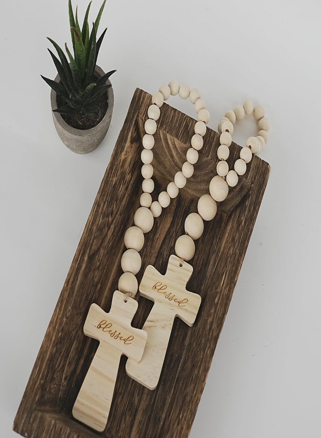 RUIRUICO Wood Bead Garland with Blessed Cross, Farmhouse Cross Bead Garland for Tiered Tray, Shelves, Wall Decor, Wooden Crosses Baptism Gifts - Image 2