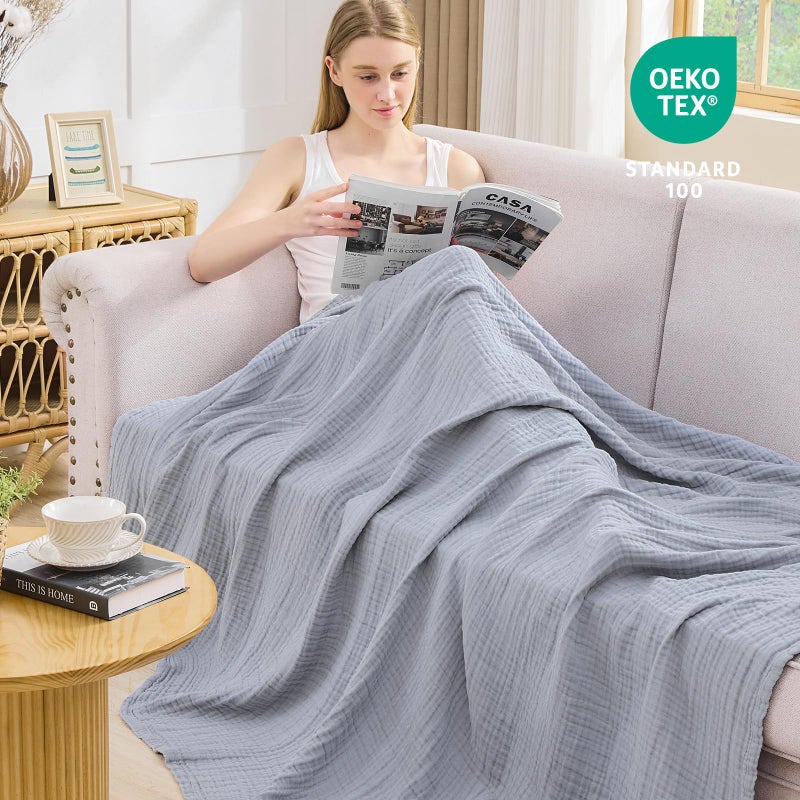 EMME Cotton Muslin Large Throw Blanket Couch Breathable Gauze Blanket Soft Lightweight Bed Blankets Adults (Dusty Blue, 50"x70") - Image 3