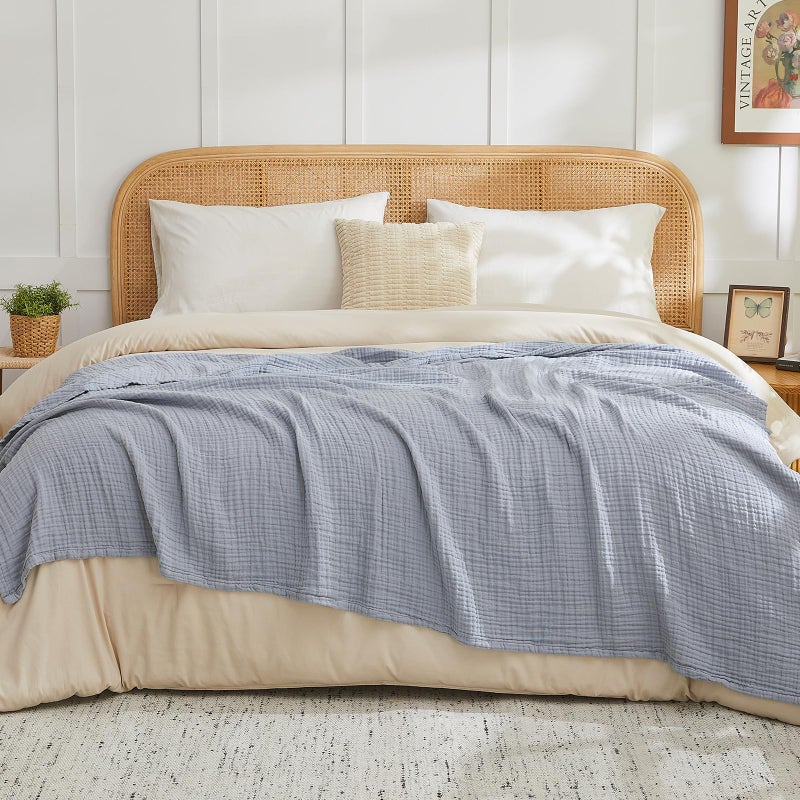EMME Cotton Muslin Large Throw Blanket Couch Breathable Gauze Blanket Soft Lightweight Bed Blankets Adults (Dusty Blue, 50"x70") - Image 4