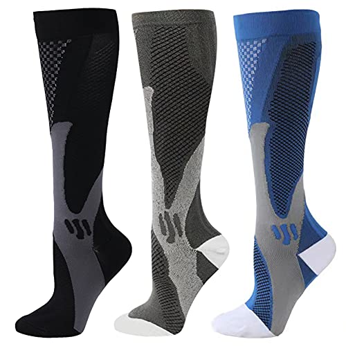 ZFiSt 3 Pair Sport Compression Socks Men Women, Compression Stocking Nurse Socks for Edema Travel(Black+blue+grey,XXL) - Image 1