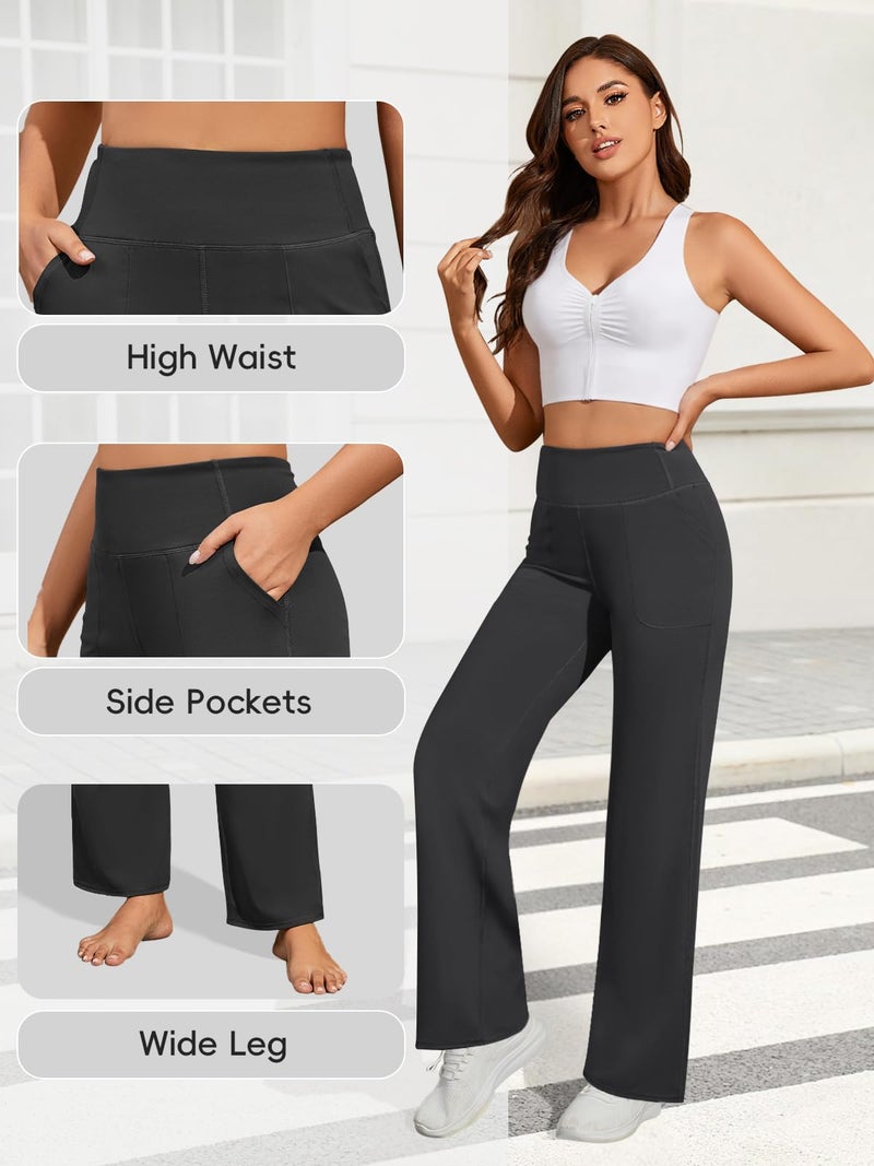 FireSwan Yoga Pants Women Wide Leg Pants High Waist Stretch Dress Loose Casual Lounge Sweatpants with Pockets Dark Grey - Image 5