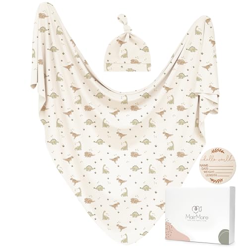 MairMore Baby Swaddle Receiving Blankets with Matching Beanie Set Newborn Nursery Swaddle Wrap for Baby Girls and Boys (Green Dinosaurs) - Image 1