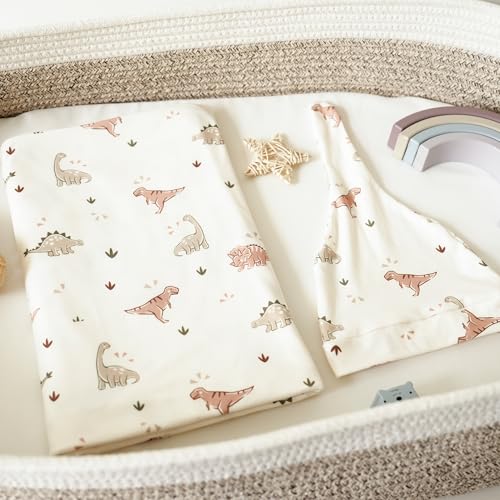 MairMore Baby Swaddle Receiving Blankets with Matching Beanie Set Newborn Nursery Swaddle Wrap for Baby Girls and Boys (Green Dinosaurs) - Image 5