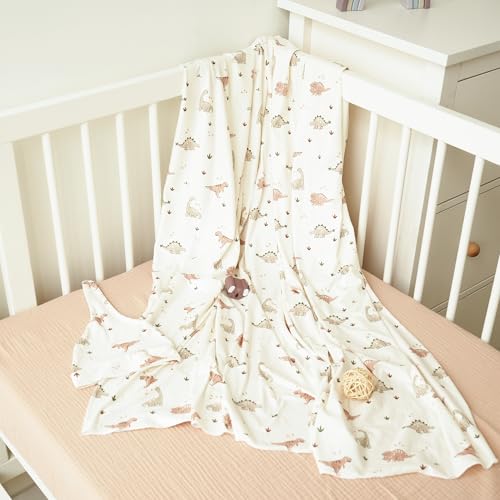 MairMore Baby Swaddle Receiving Blankets with Matching Beanie Set Newborn Nursery Swaddle Wrap for Baby Girls and Boys (Green Dinosaurs) - Image 3